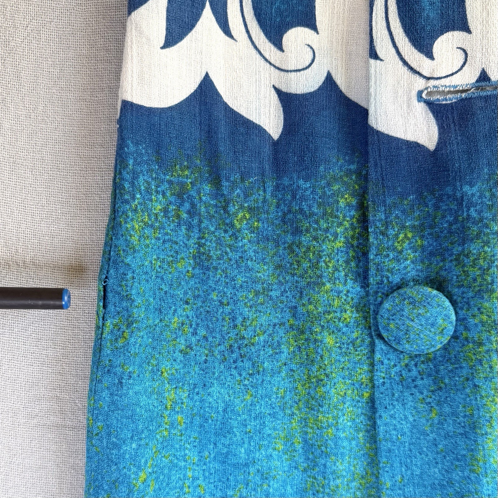 Malihini Vintage Barkcloth Dress Small Blue Sleeveless Hawaiian Floral Buttons