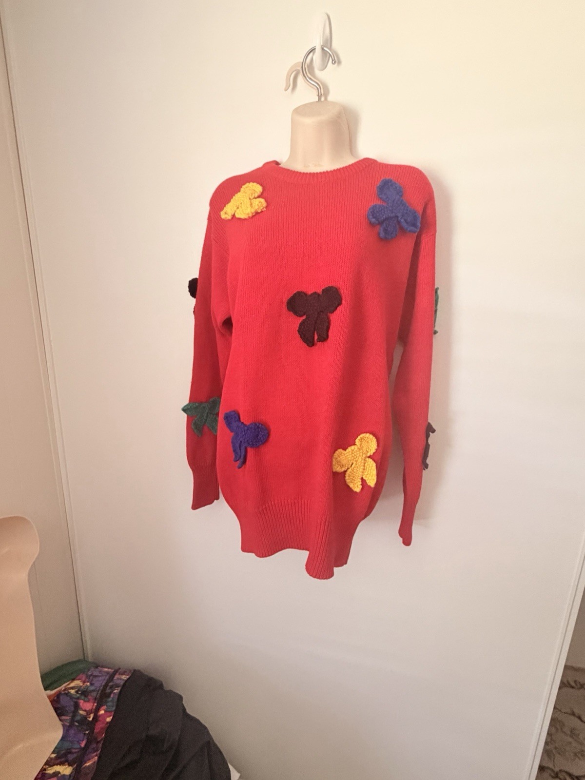 I.B. Diffusion Red Knit Sweater Floral Applique Boho Pullover M Rainbow Bowties