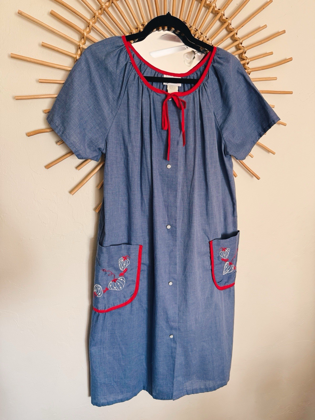 Vintage 1970s Plaza 9 Embroidered Strawberry Blue & Red Mumu Dress Size Medium