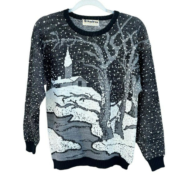 VTG Snowy Landscape Knit Sweater Chapel Stream Trees Laguna Hill 80s 90s Blk Wht