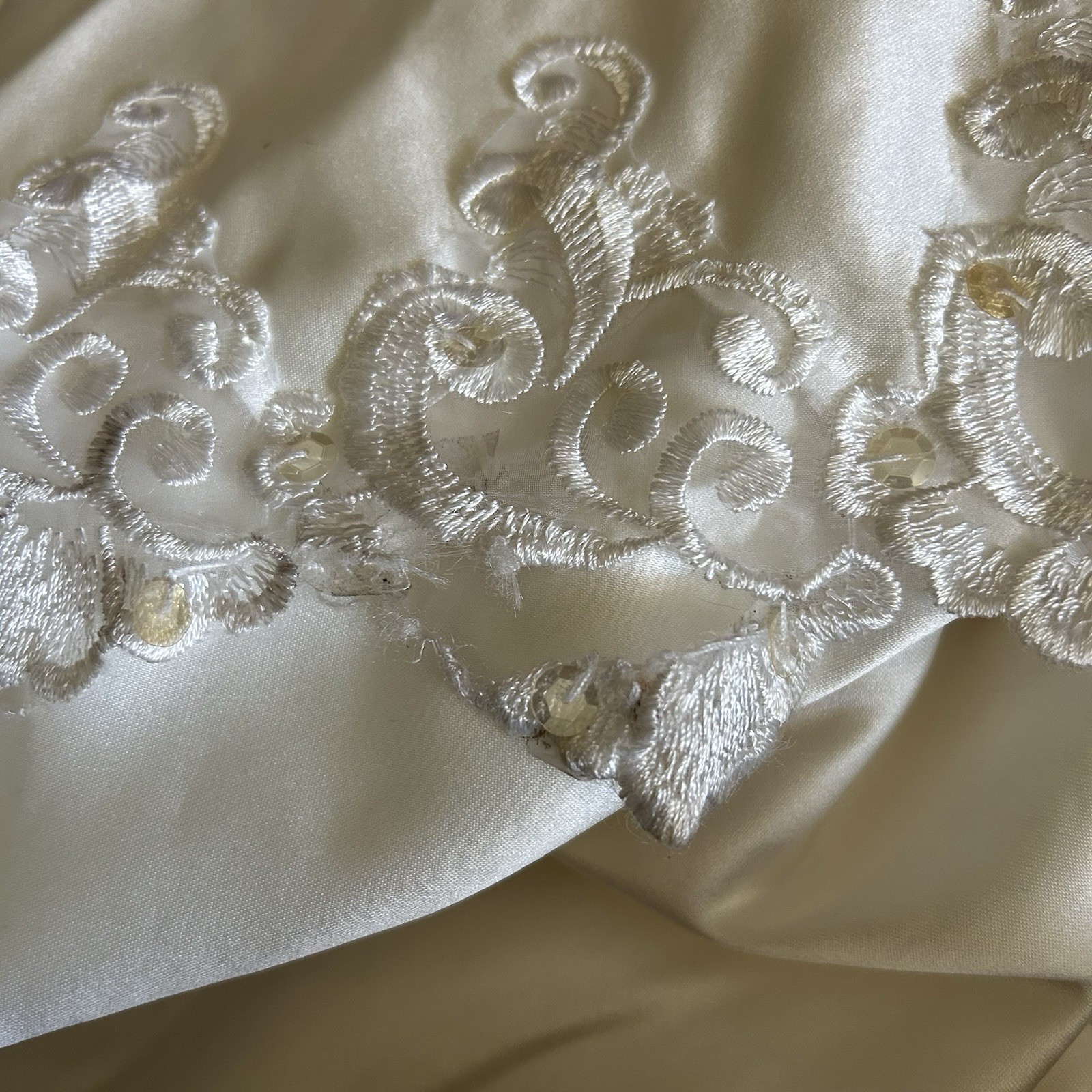 Vtg 80s Ivory Satin Beaded Bride Wedding Dress Short Sleeve Long Train Size 14