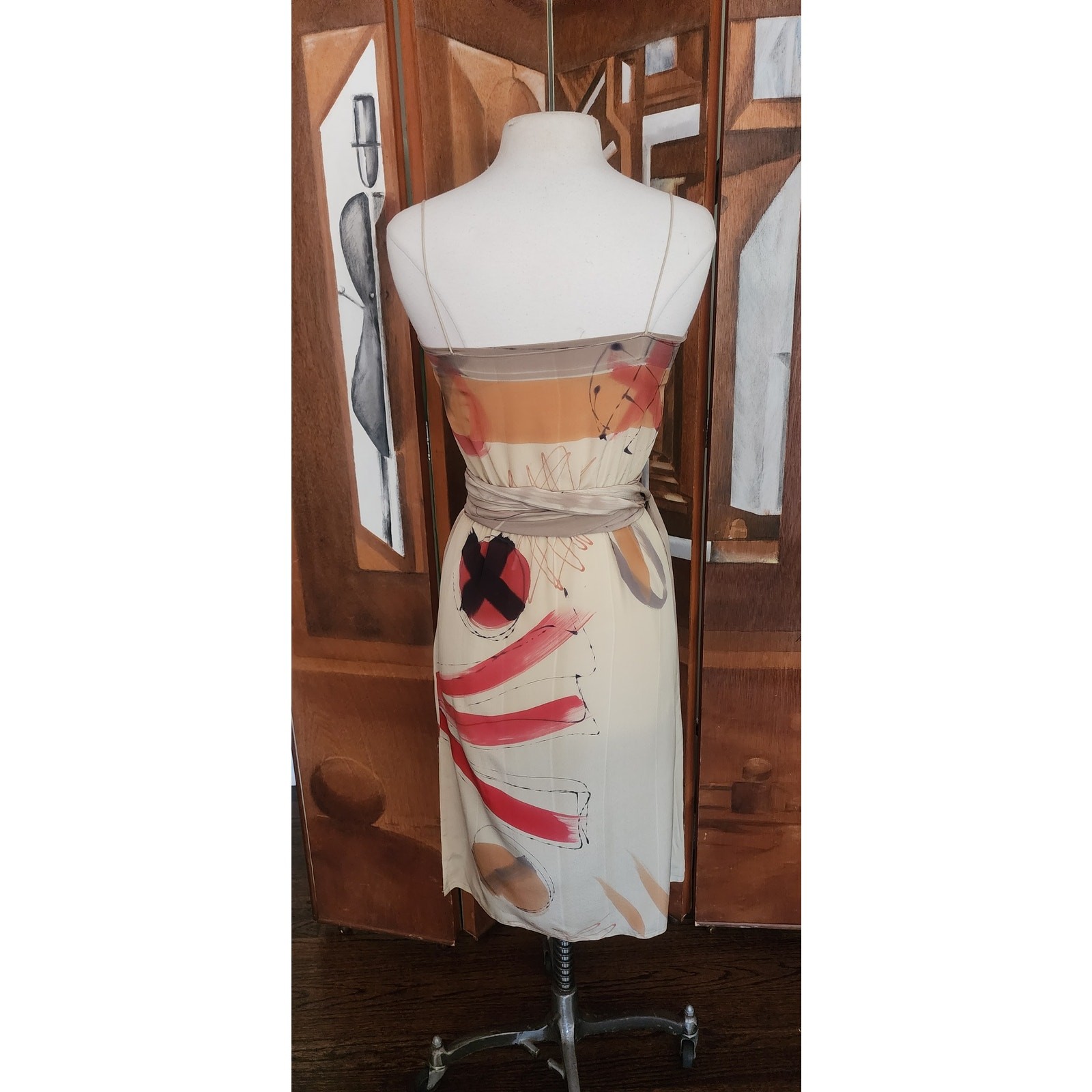VTG 80s Nicole Chicago Dress Silk Geometric Abstract Print Scarf Belt Sash S