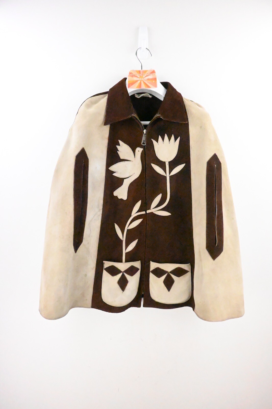 Vintage Mexican suede leather poncho in cream/burgandy OSFM