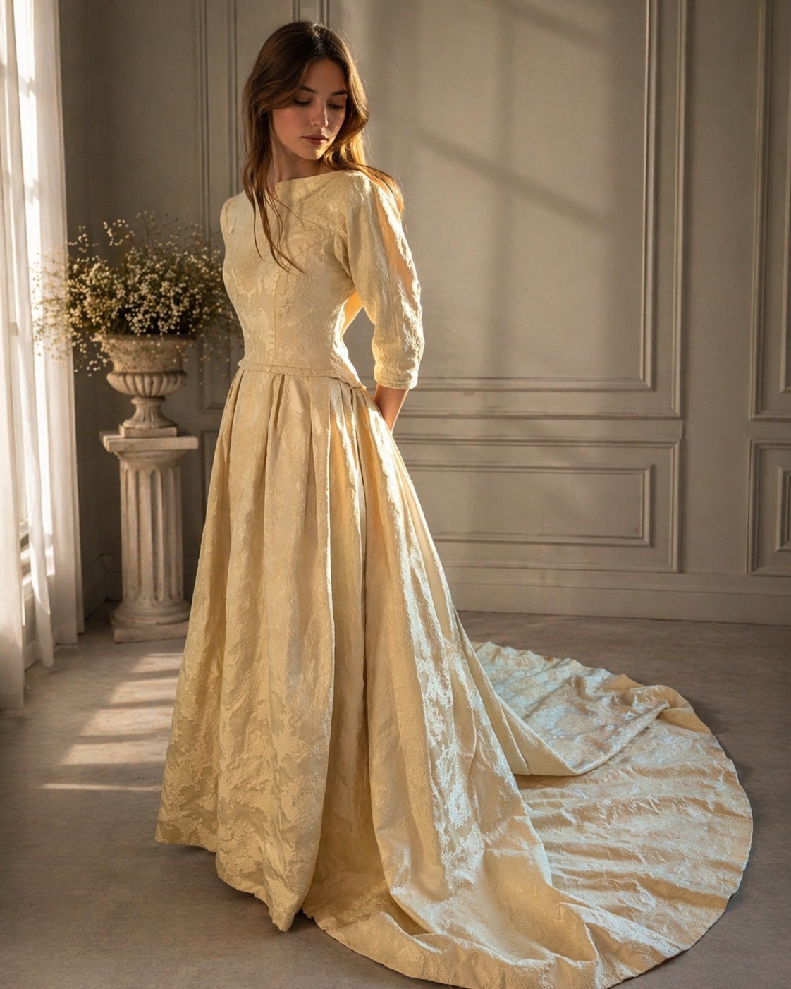 Vintage 1950s Ivory Jacquard Satin Bridal Gown Train XS Petite