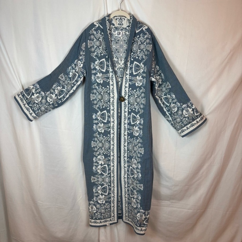 Vintage Reversible Long Cotton Jacket Created With Woven Folk Imagery
