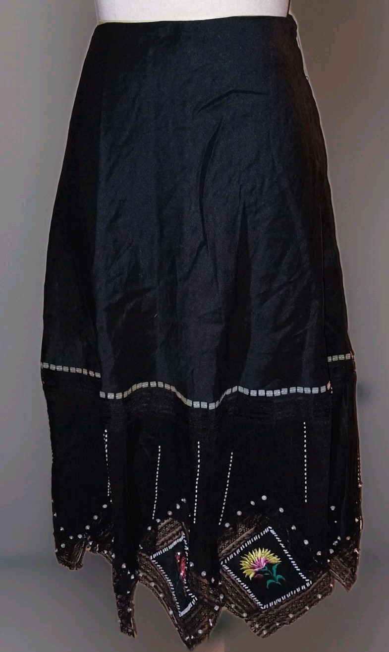 Vintage Carole Little Linen Black Skirt Embroidered Beaded Handkerchief Hem…