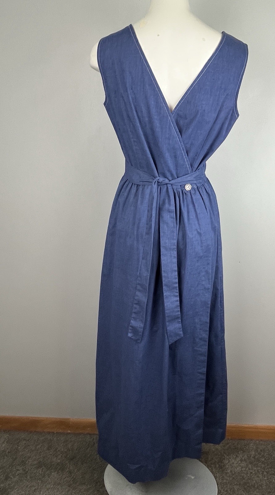 Vintage 1970s Wrap Maxi Dress Concept Swirl Sundress Blue Umbrella Applique S/M