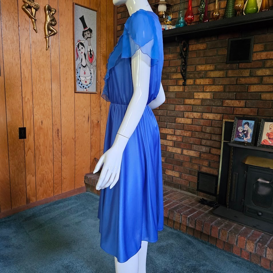 Vtg 80s Disco Liquid Jersey Chiffon Flutter Sleeves Sweeping Dancing Skirt S/M
