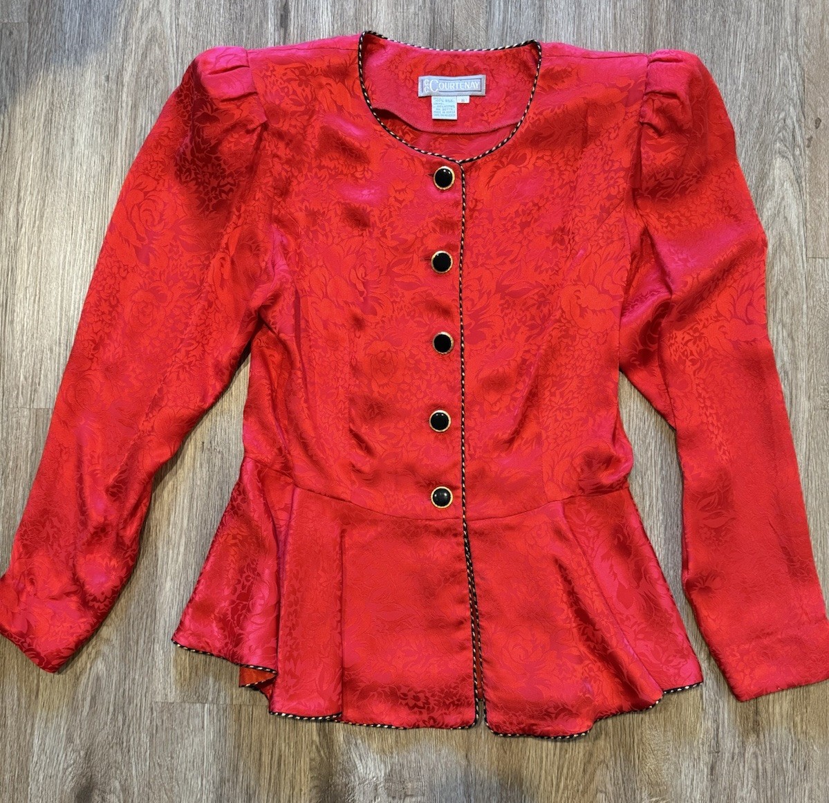 Vintage Courtenay Red Silk Jacquard Peplum Skirt Suit Set 80s 90s Romantic sz 8