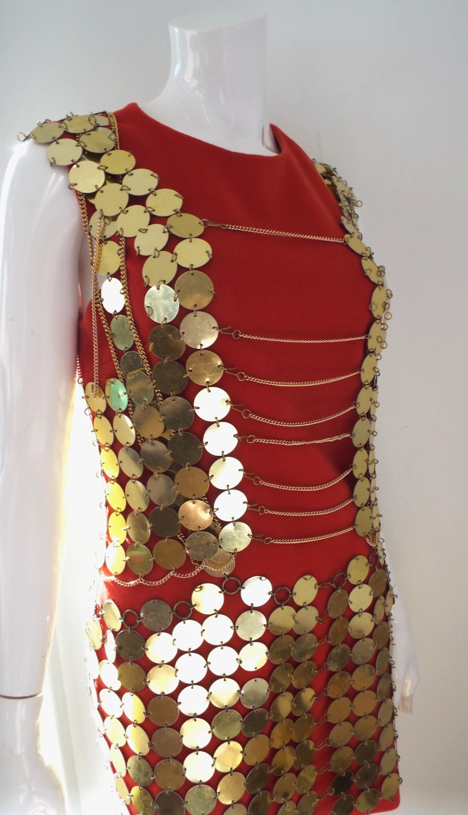 Vintage 1960s Gold Tone Metal Disc Chain Mail Vest Top & Skirt Dress Paillette