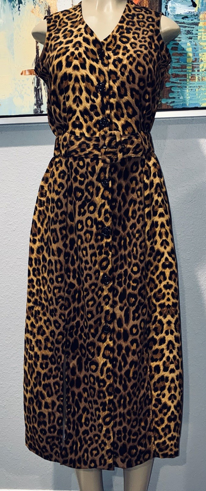 Vtg Studio 1 Leopard Animal Print Belt Sleeveless Shift Midi Dress 6