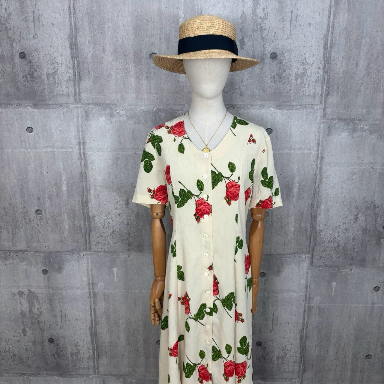 Vintage Ivory Red Rose Floral Maxi Dress Button Front Cottagecore Romantic 90s