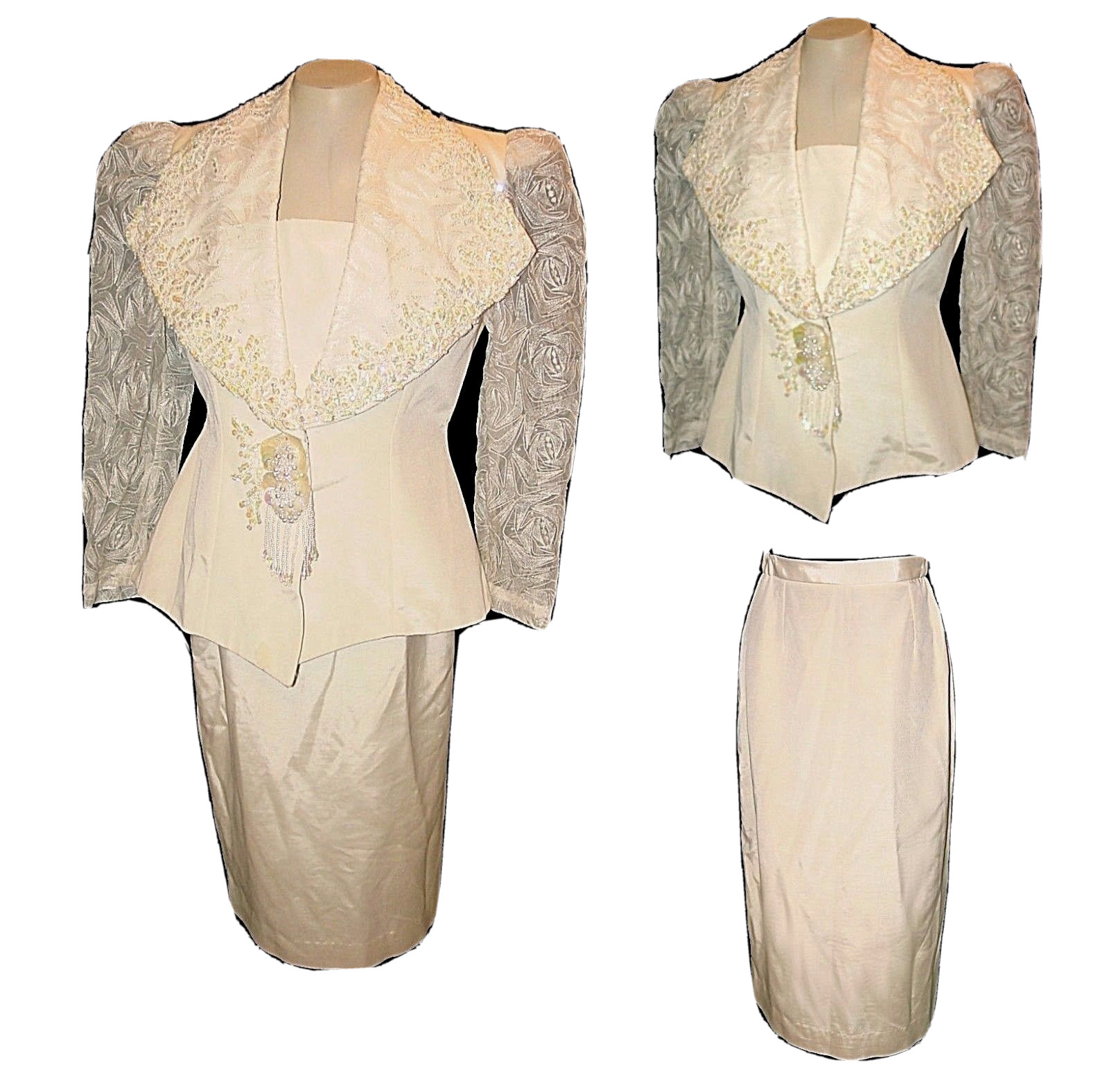 Wedding Suit, Vintage 1970s?, Blazer & Skirt Ivory Lace Beads Sequins, L