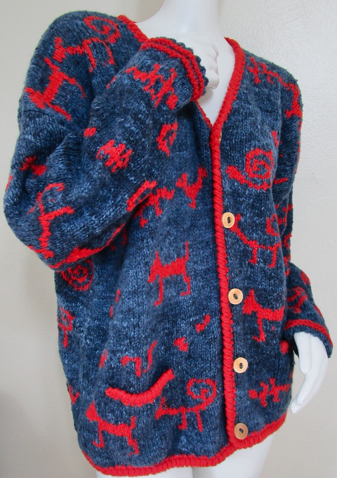 Vintage Amano Wool Wood Boho Tribal Cave Drawing Caridgan Sweater Oversize S L