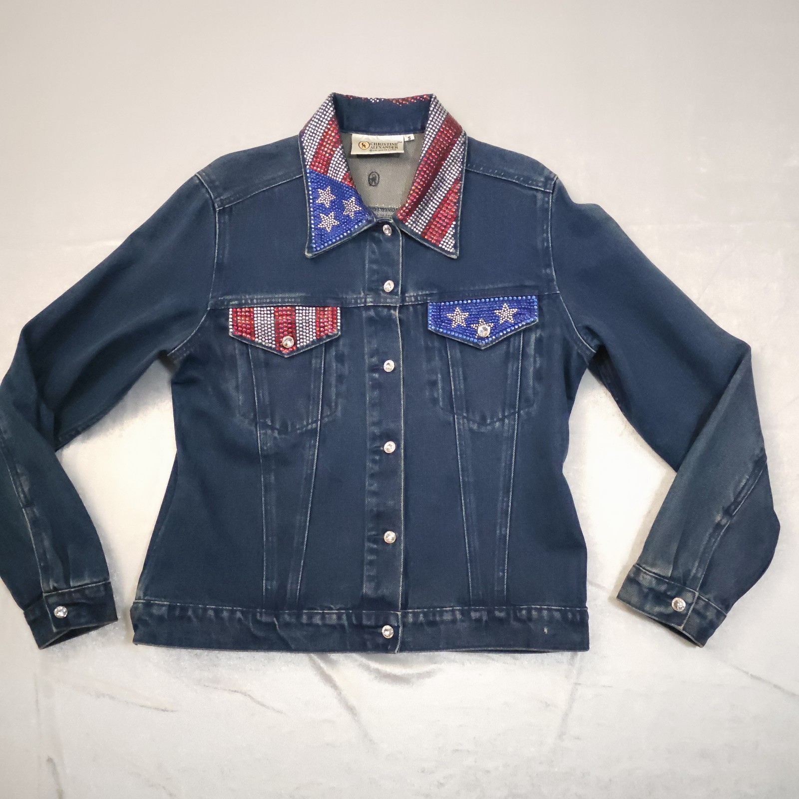Vintage 90s Heritage Denim Rhinestone American Flag Jacket Christine Alexander S