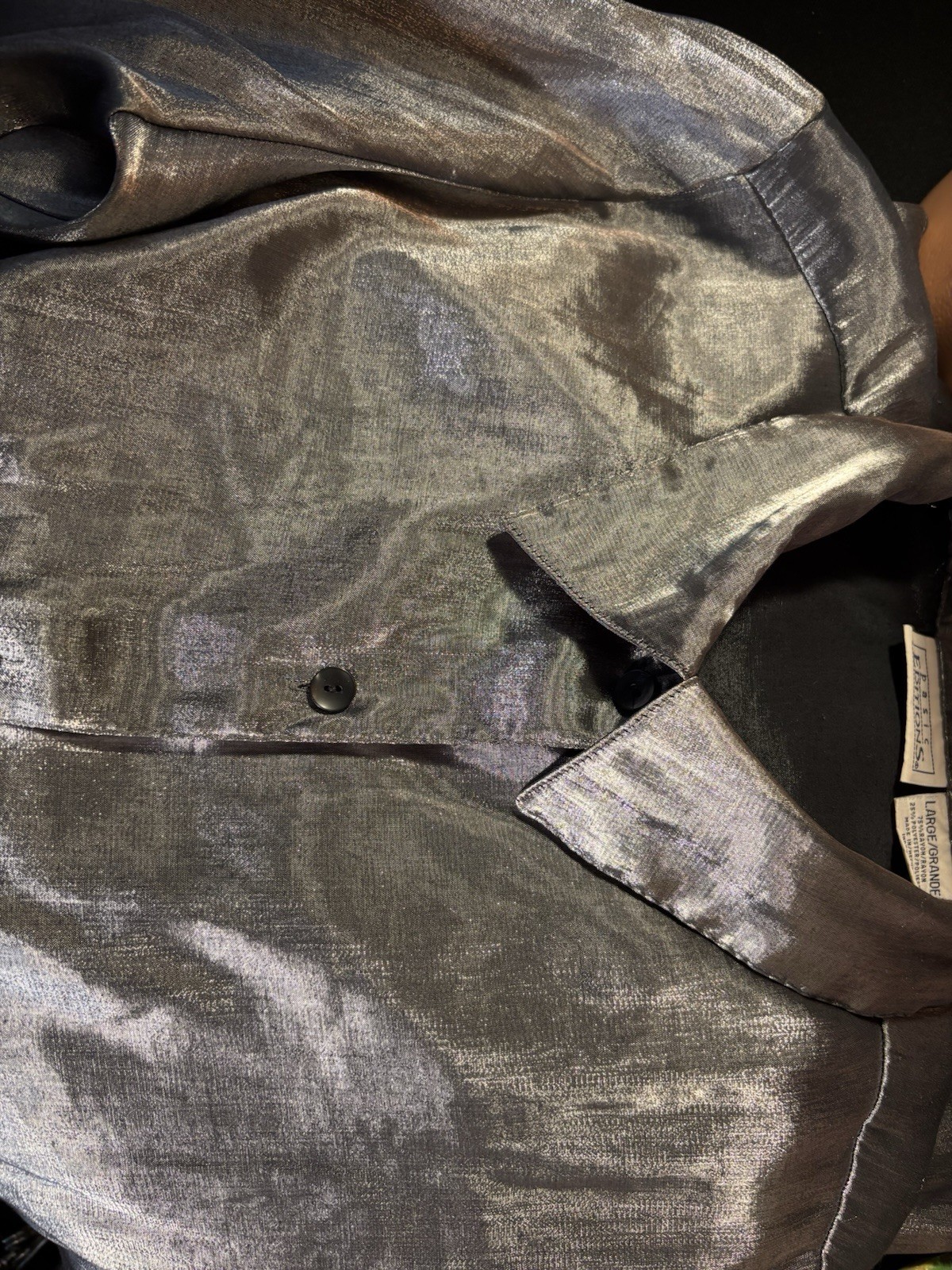Vtg Satin Secretary Office Button Up Notch Silver Office Y2k Blouse L 42″