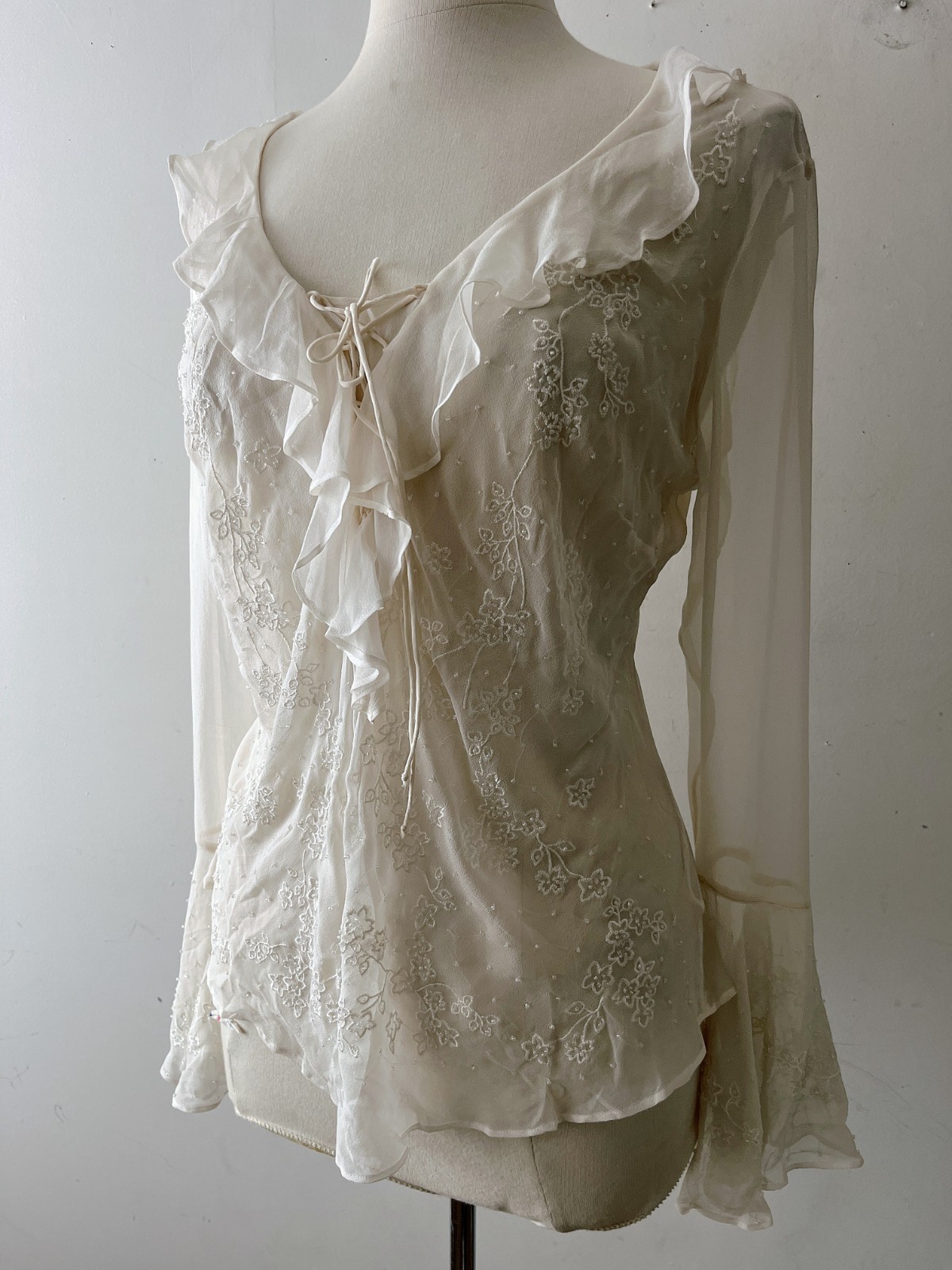 Vintage Ice Ivory Silk Beaded Floral Cami Black Lace Whimsigoth Top M/L