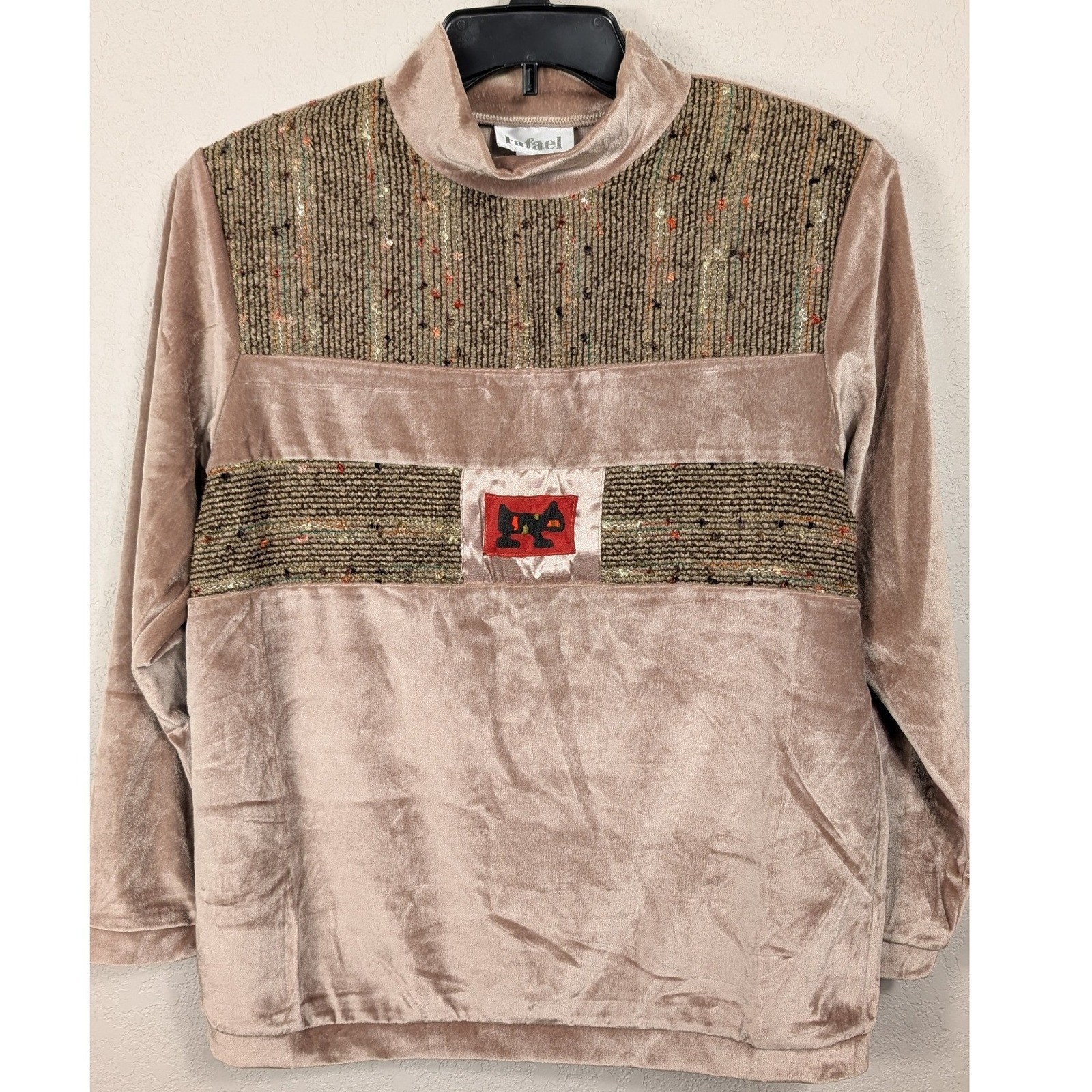 Rafael 90s Retro Velvet Pullover Top Womens Small Embroidered Mock Neck Vintage