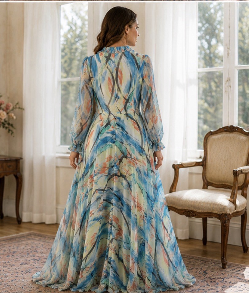 VTG 70s Watercolor Maxi Dress Sheer Romantic M/L Boho Ethereal Whimsical MM10