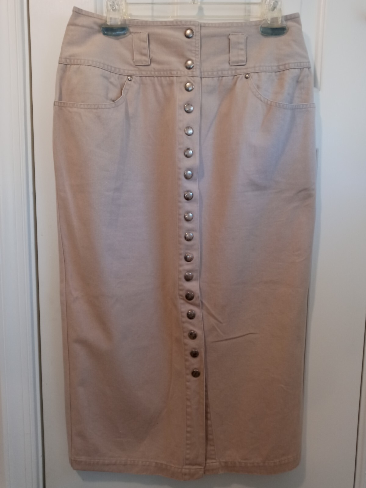 Forenza Women’s Size 14 Front Snap Long Beige Denim Skirt 100% Cotton Vintage