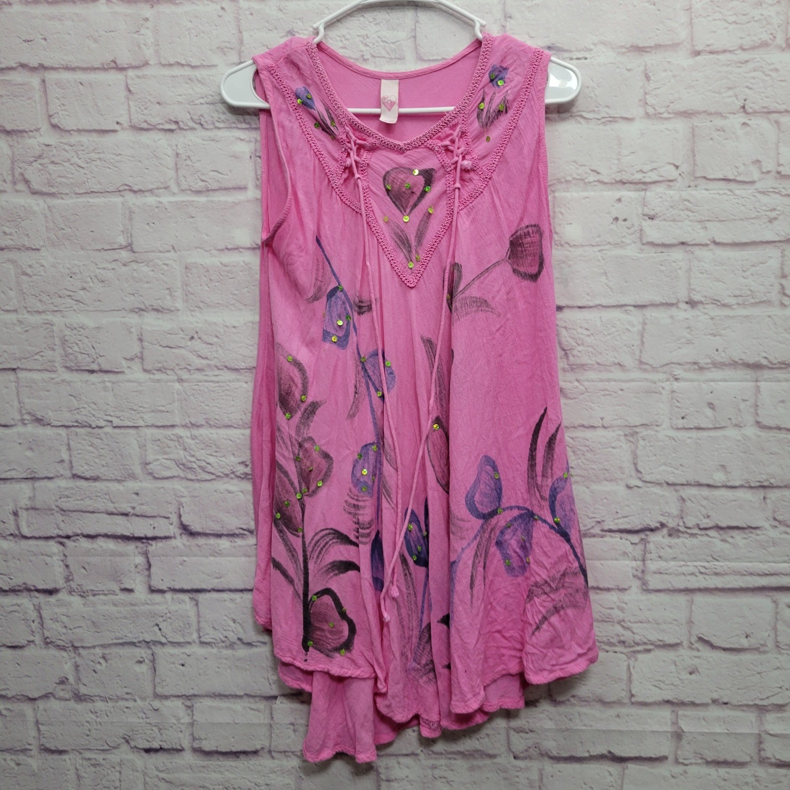Miss Love Boho Floral Tunic Top Free Size Sequin Flowy Barbiecore Hippie Artsy