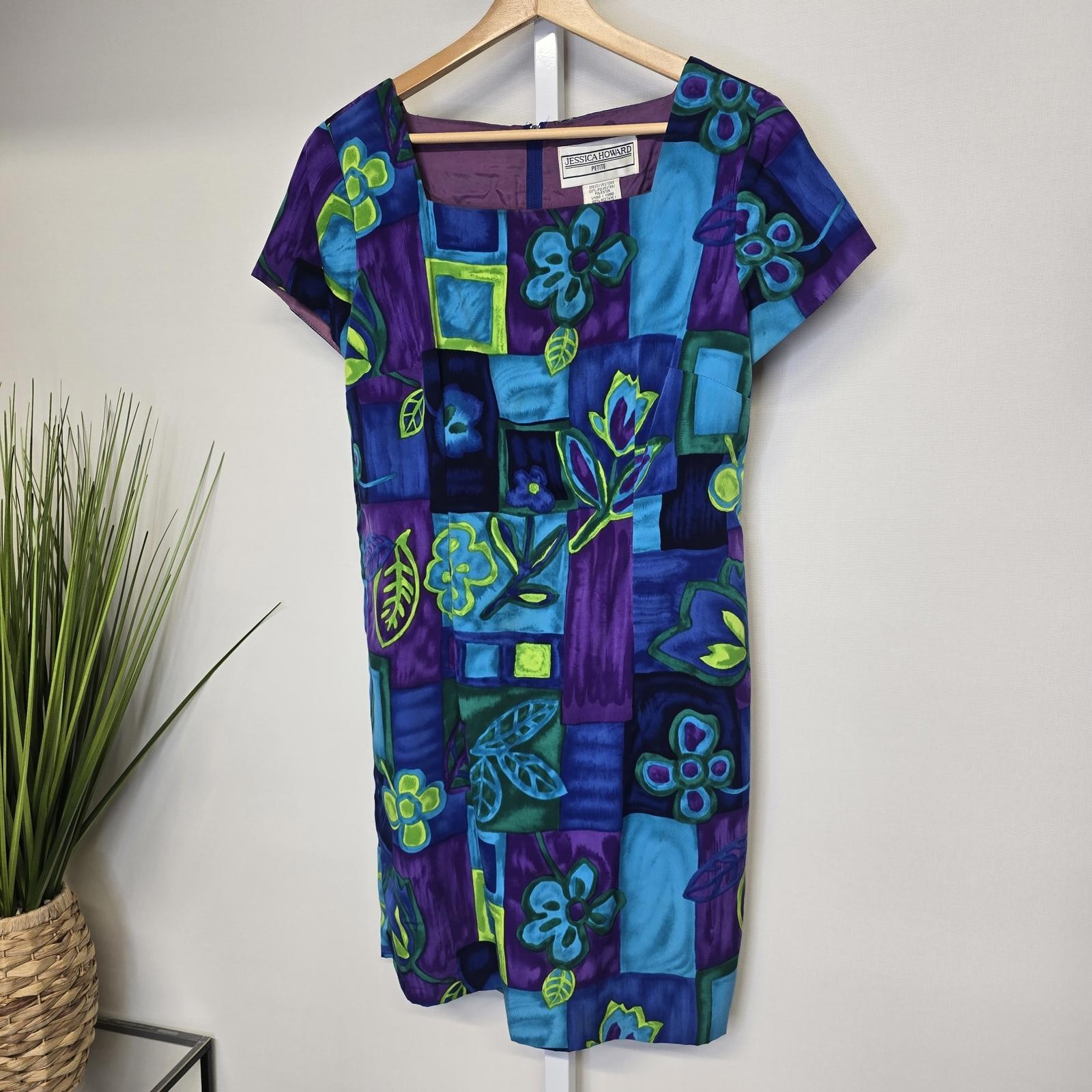 Jessica Howard Petite Vintage 90s Geometric Floral Shift Dress Blue Purple 10P