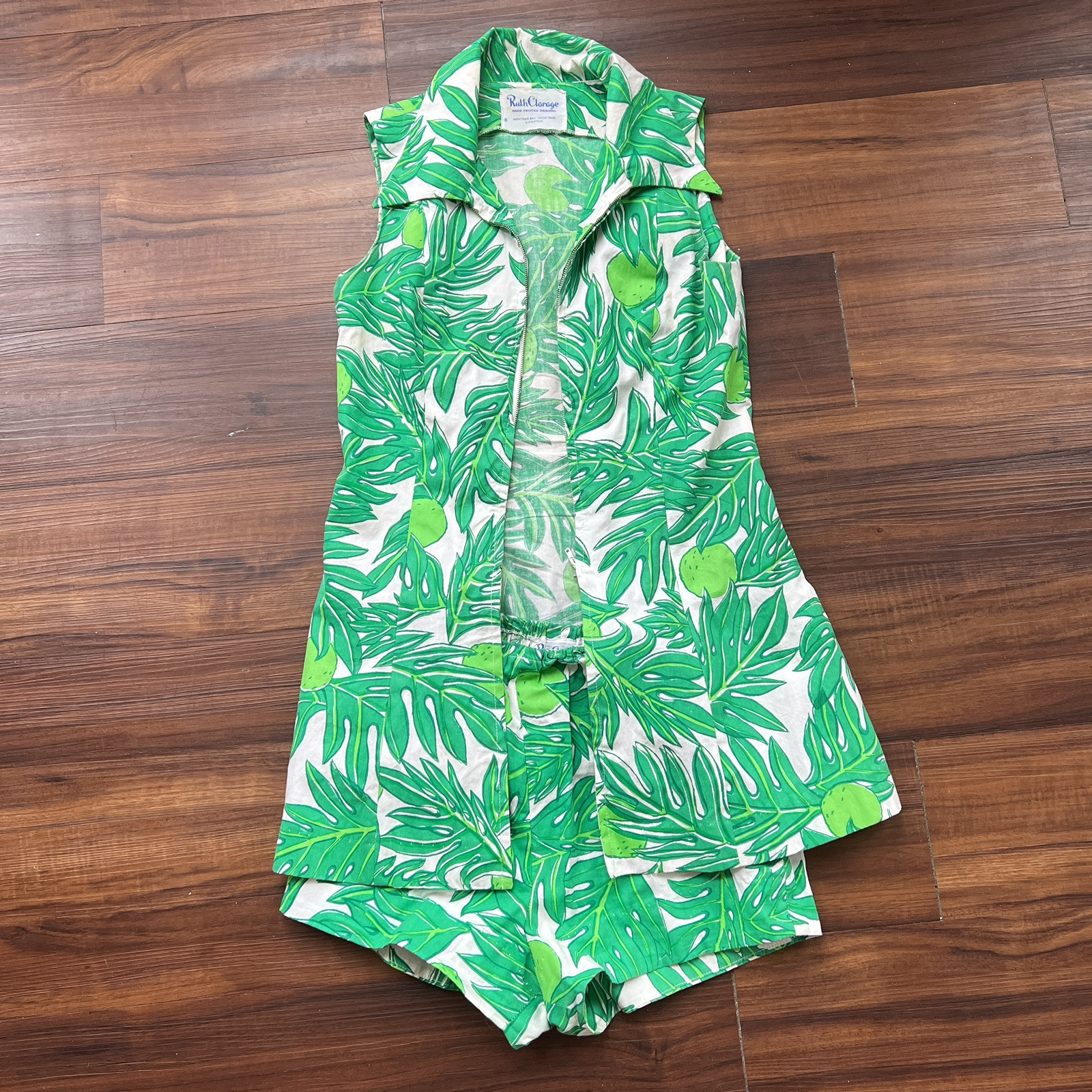 Vintage Ruth Clarage Green Palm Leaves + Lime Tunic + Hot Shorts Resort Set XS