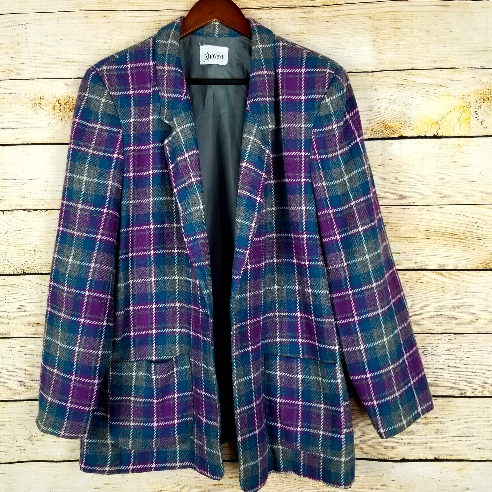 Vintage Xtrovert Blazer Jacket Size 16 Blue Gray & Purple Plaid Wool Blend