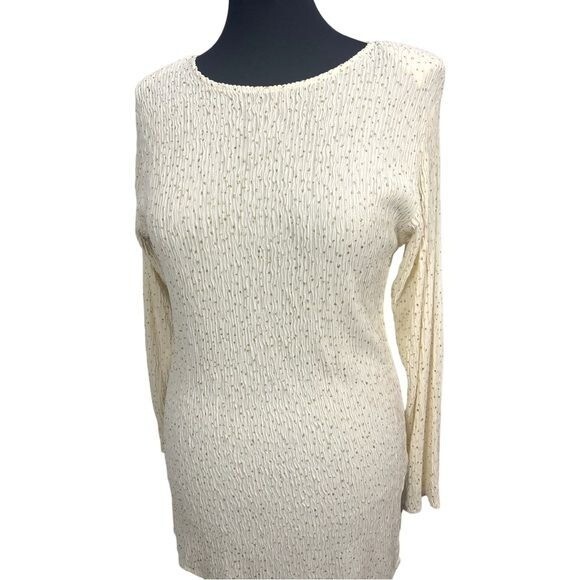 VTG Ivory w/ Gold metallic Dots COPY CATS Long Sleeve Crinkle Mini Dress L/XL