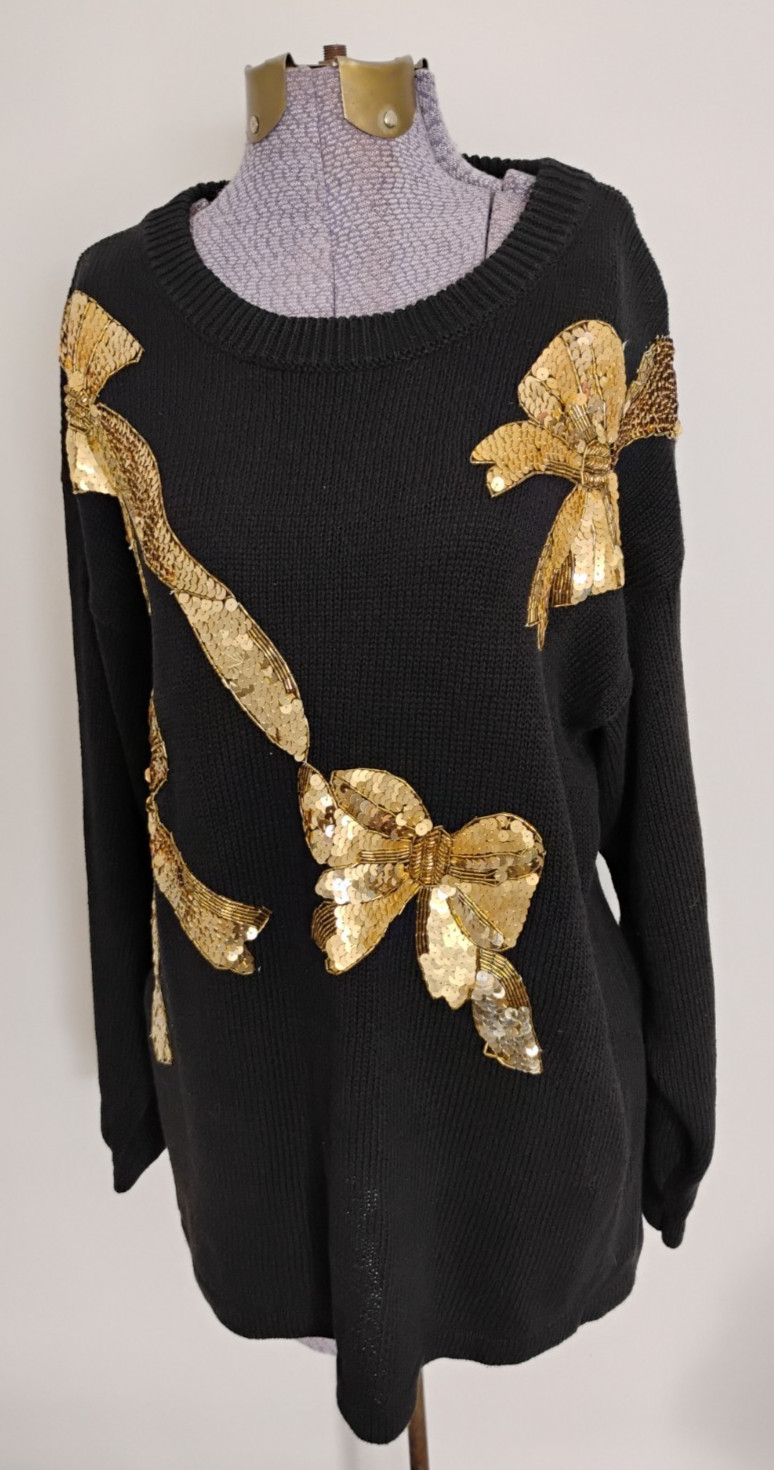 Vtg Victoria Harbour Sweater 80s Black Gold Sequin Bows LS Coquette Holiday M/L