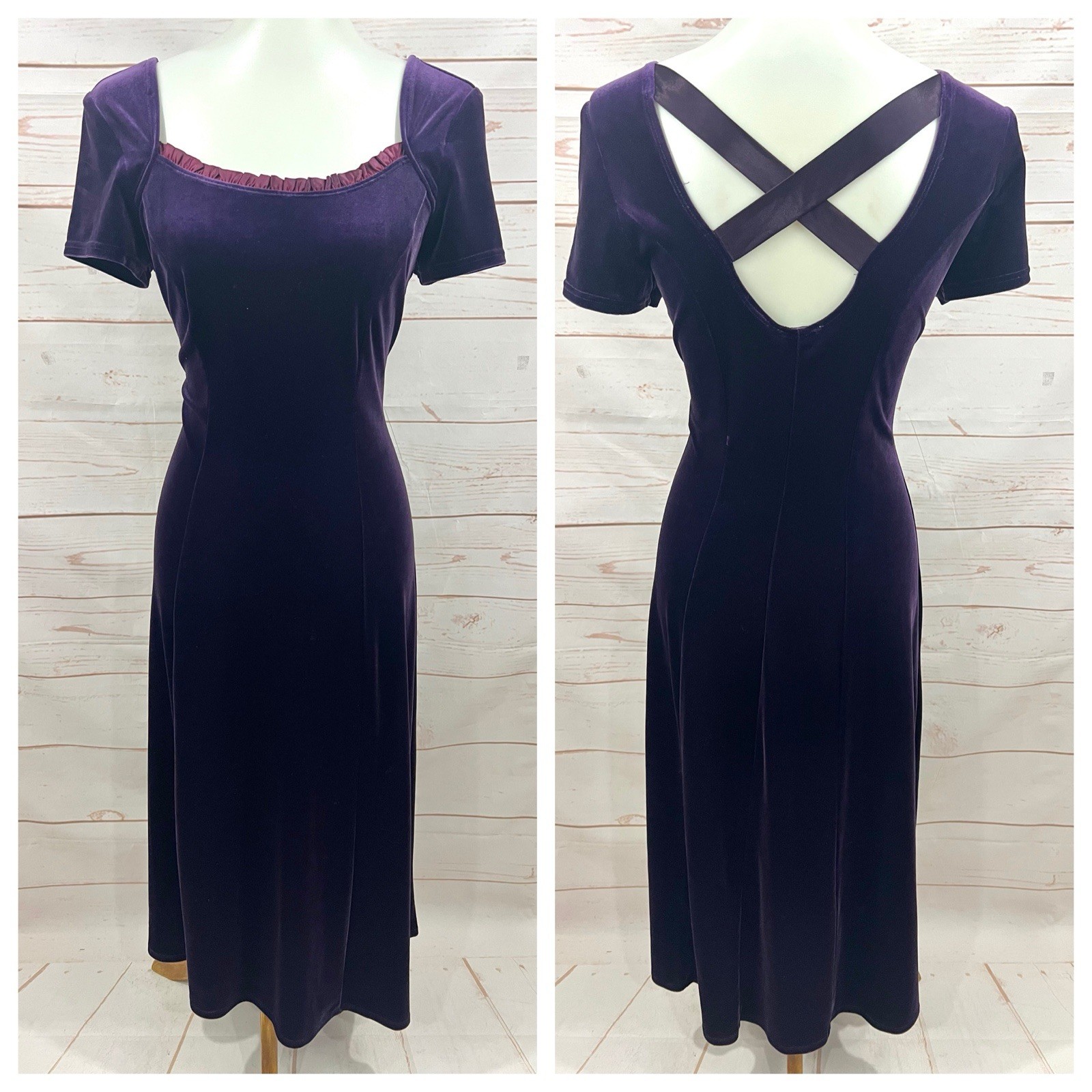 Vintage 90’s Purple Velvet Crossback Short Cap Sleeve Ruffle Neck Maxi Dress 8 M