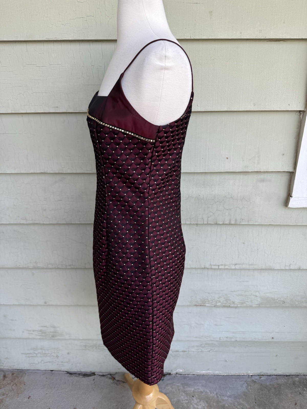 Vtg 90’s Jessica McClintock Mini Dress Burgundy Gold 7 Rhinestones Square Neck