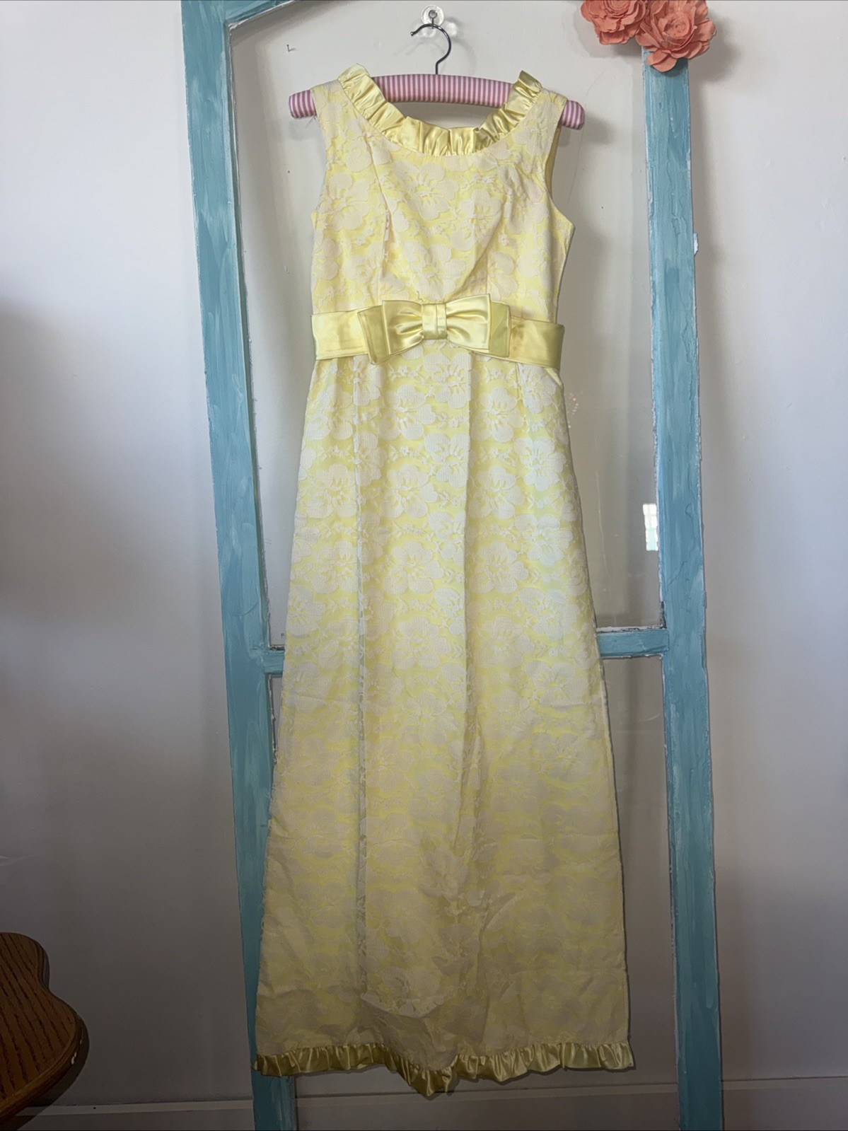 Vintage 1960s/70s Ling-Ling Butter Yellow Brocade Maxi Dress ILGWU Union Made