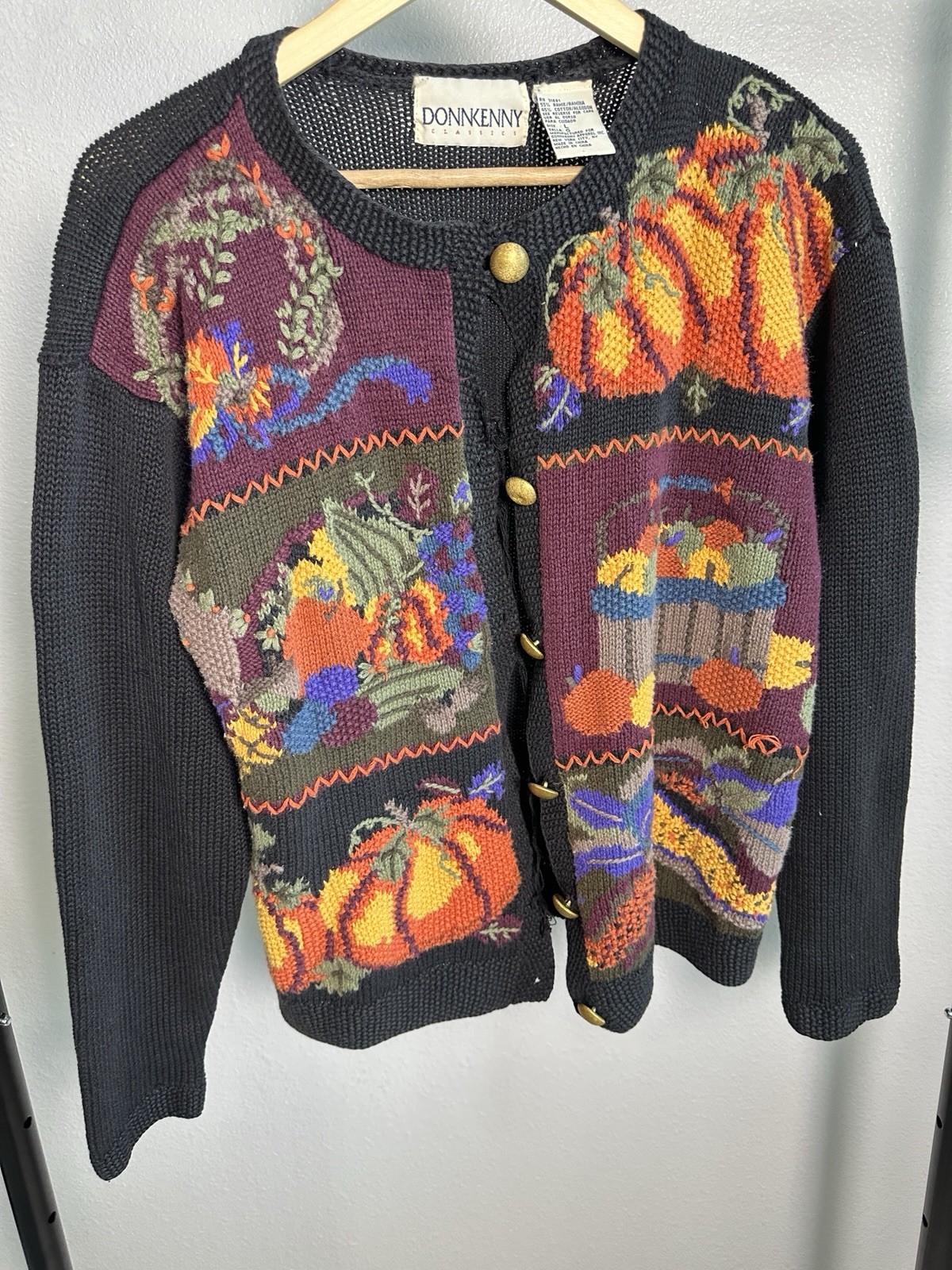 Donnkenny Vintage Knit Fall Themed Cardigan Sweater Women Size L, See Descr