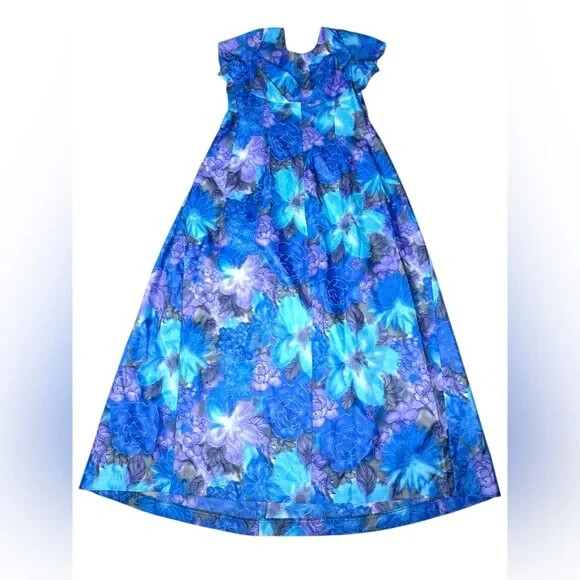 VTG 70s Sun Fashions of Hawaii Floral Muumuu Dress Blue Purple Maxi Aloha Gown