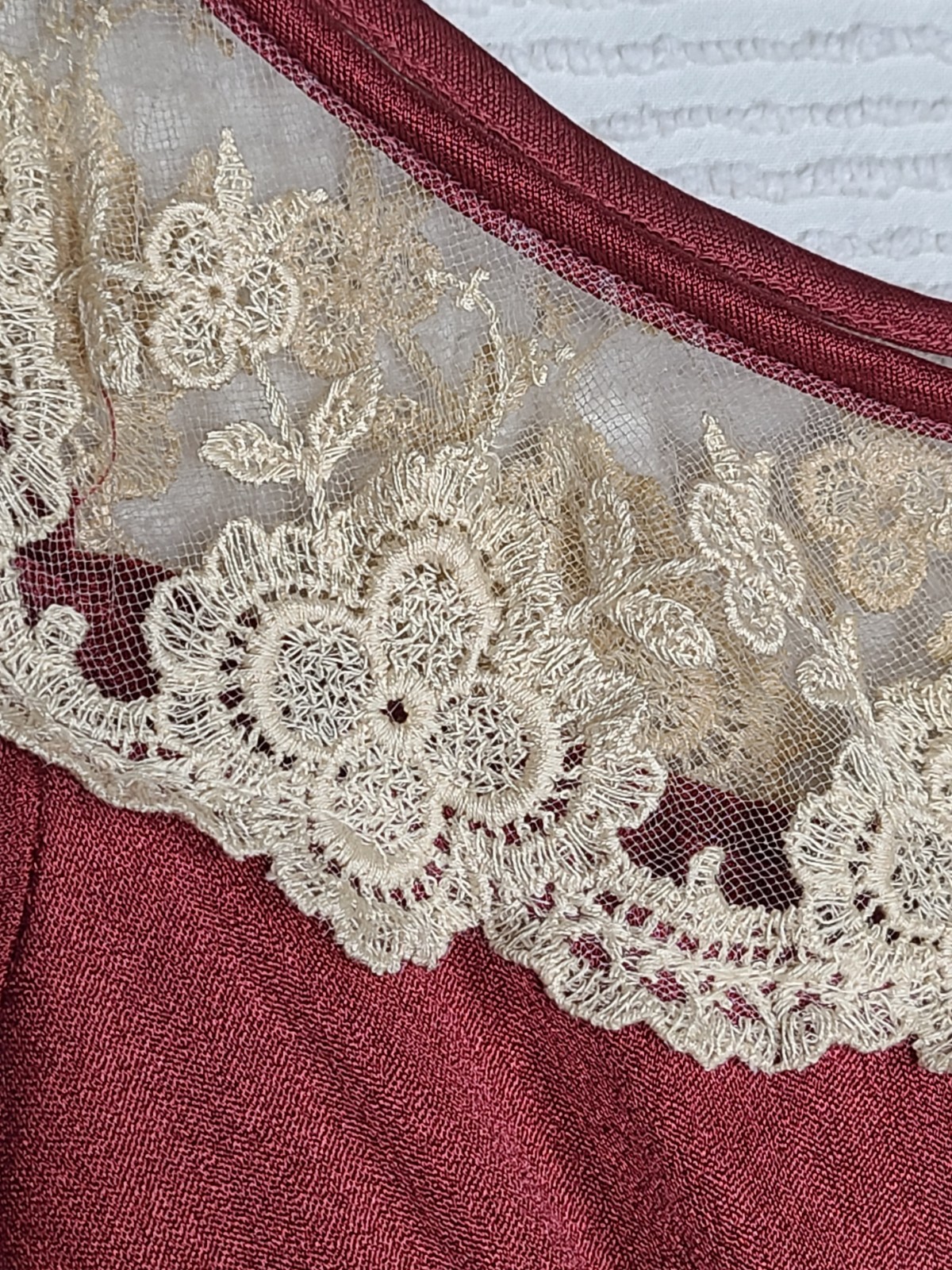 Vintage 1970s Long Dress 14 L Burgundy Liquid Knit Lace Mesh Bust Poly Union Tag