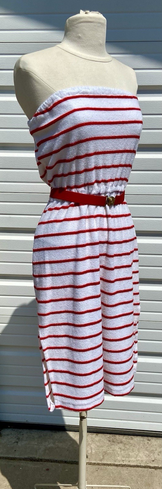 Vintage Auth 70’s Strapless Terry Cloth Tube Top Striped Red White Belt Dress