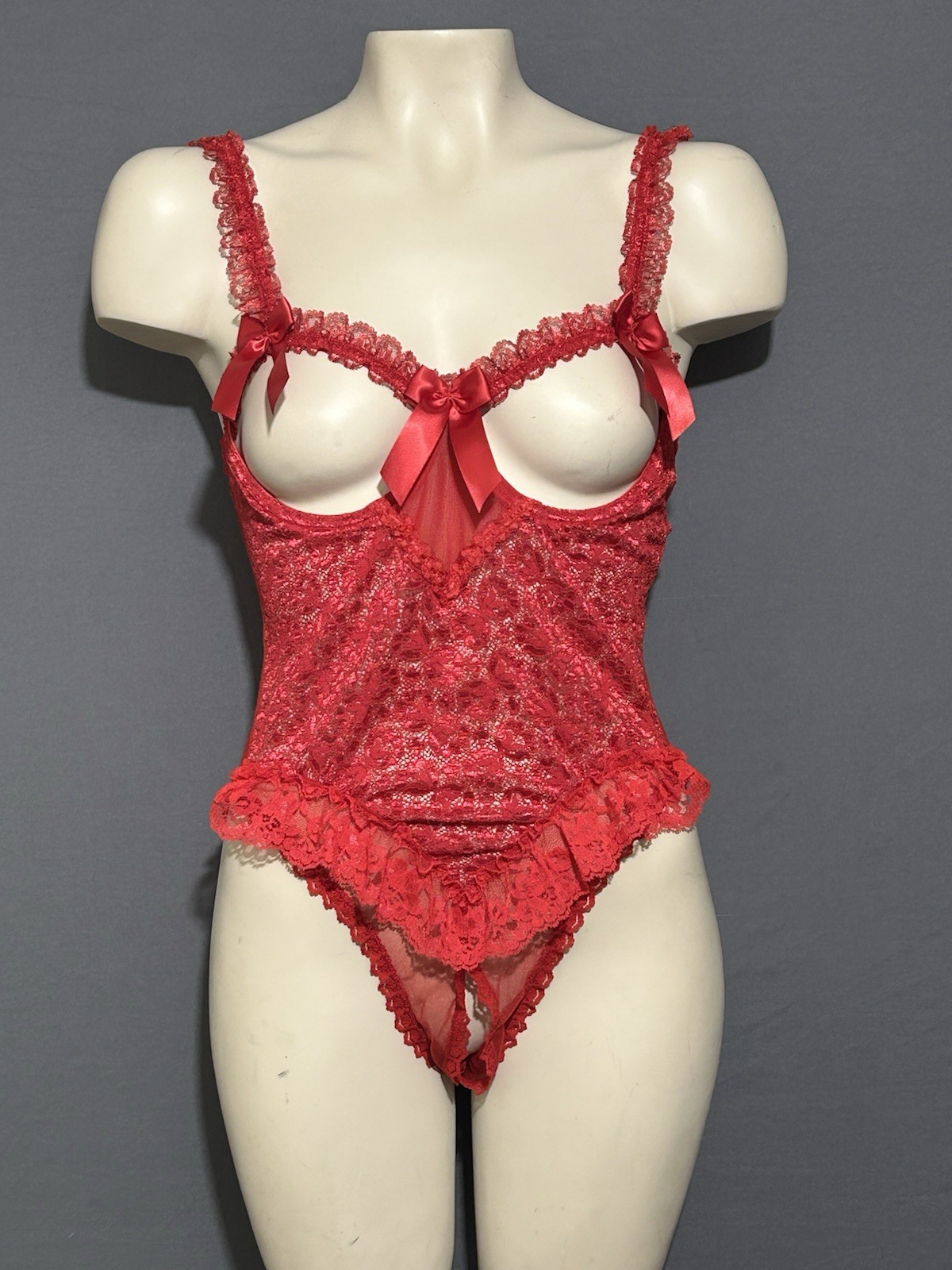Shirley Of Hollywood Lingerie Bodysuit Sz S/M Red Stretch Lace Open Cup