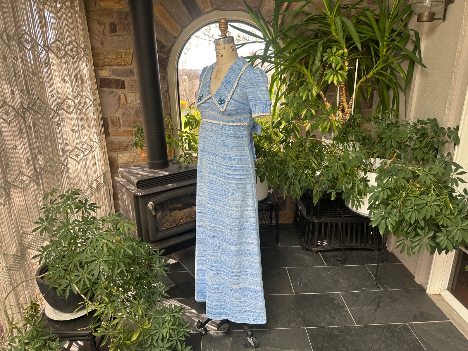 Vintage 1970s Blue and White Variegated Knit and Lace Baby Doll Maxi Dress