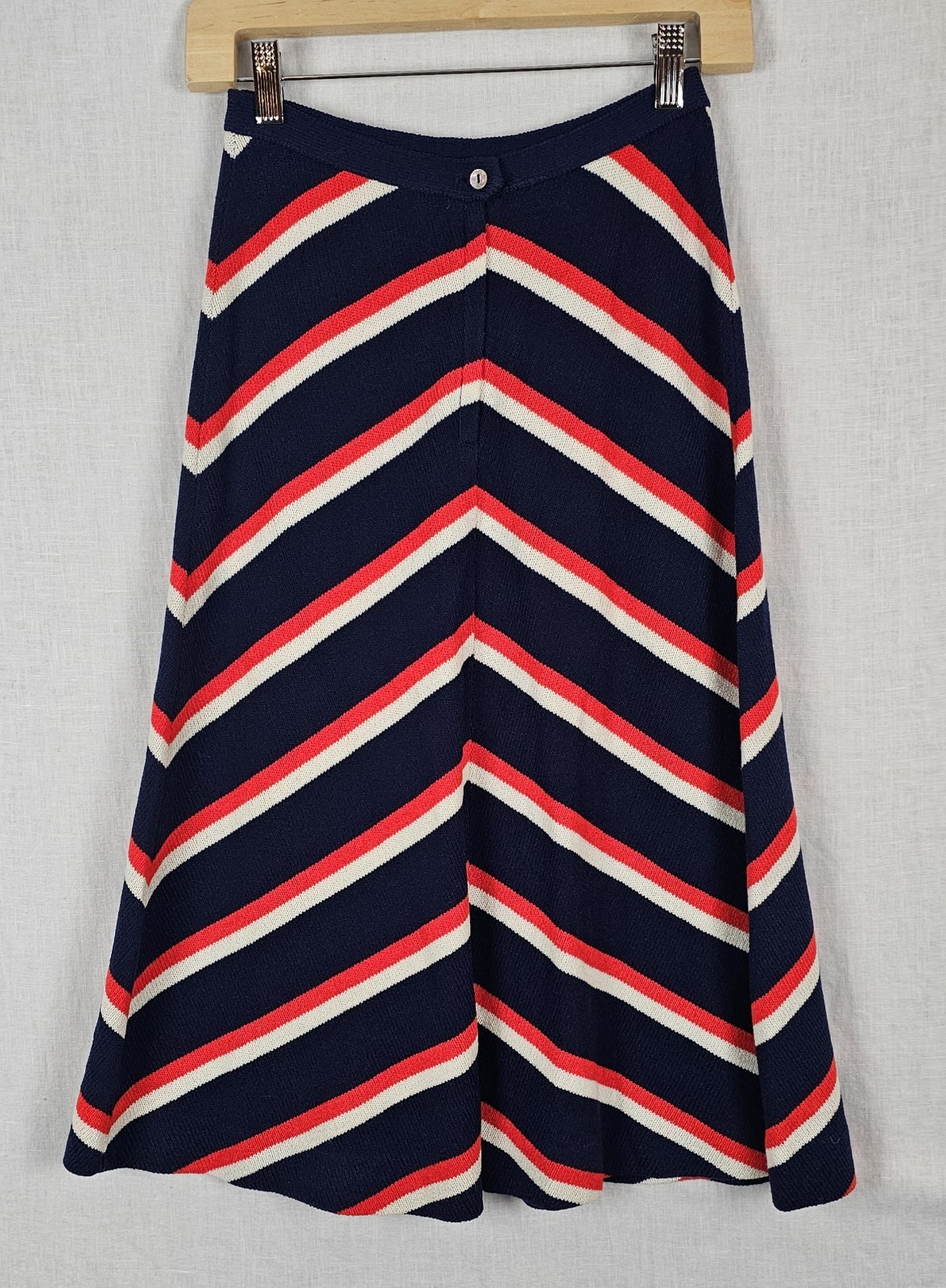 VTG 70s Knit 2-Piece Sweater A-Line XS Skirt Union Made Chevron Red White Navy
