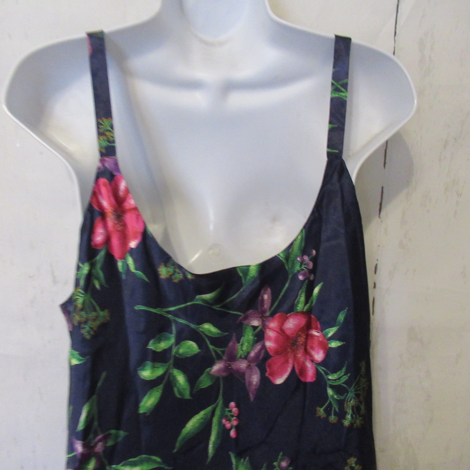 Vintage Go Softly Nightgown L Navy Blue Floral Maxi Satin Slip Dress