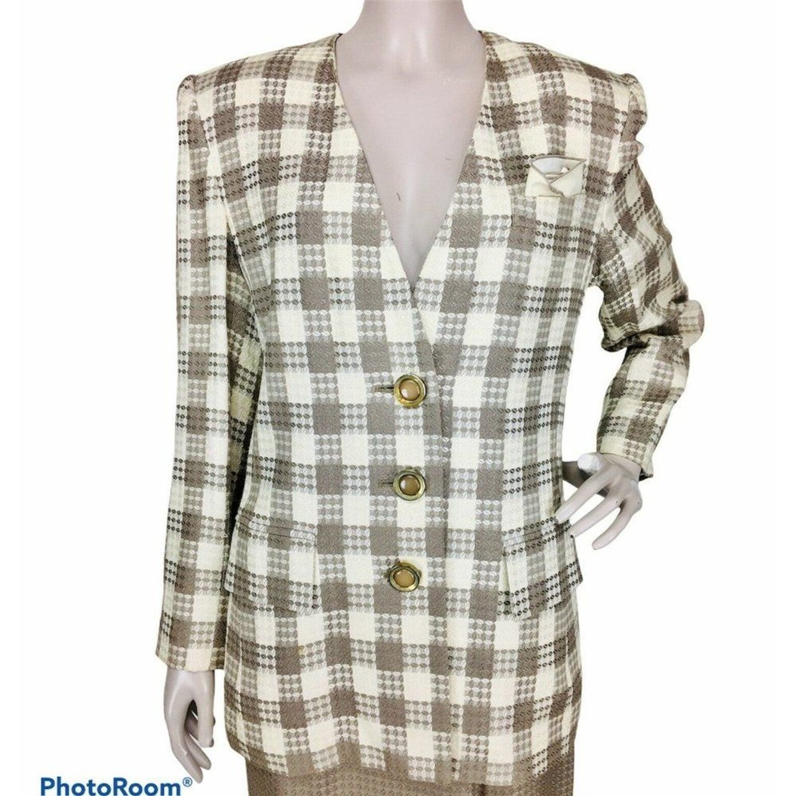 Vintage 80’s High Shoulder Tweed Houndstooth Blazer & Pencil Skirt Business Suit