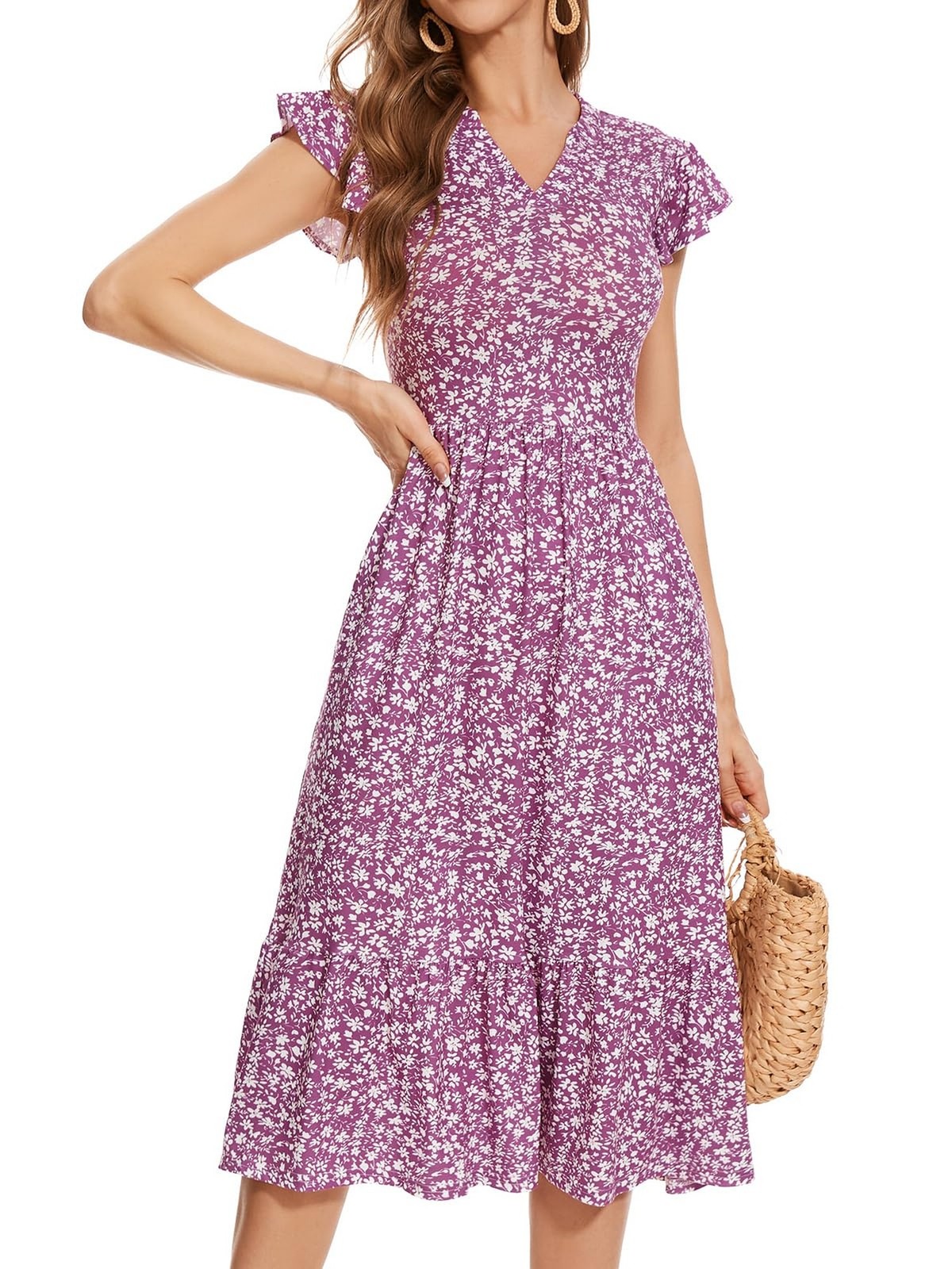 YIOYOLA Midi Dresses for Women 2026 Casual with Pockets Ruffle Sleeve Notched…