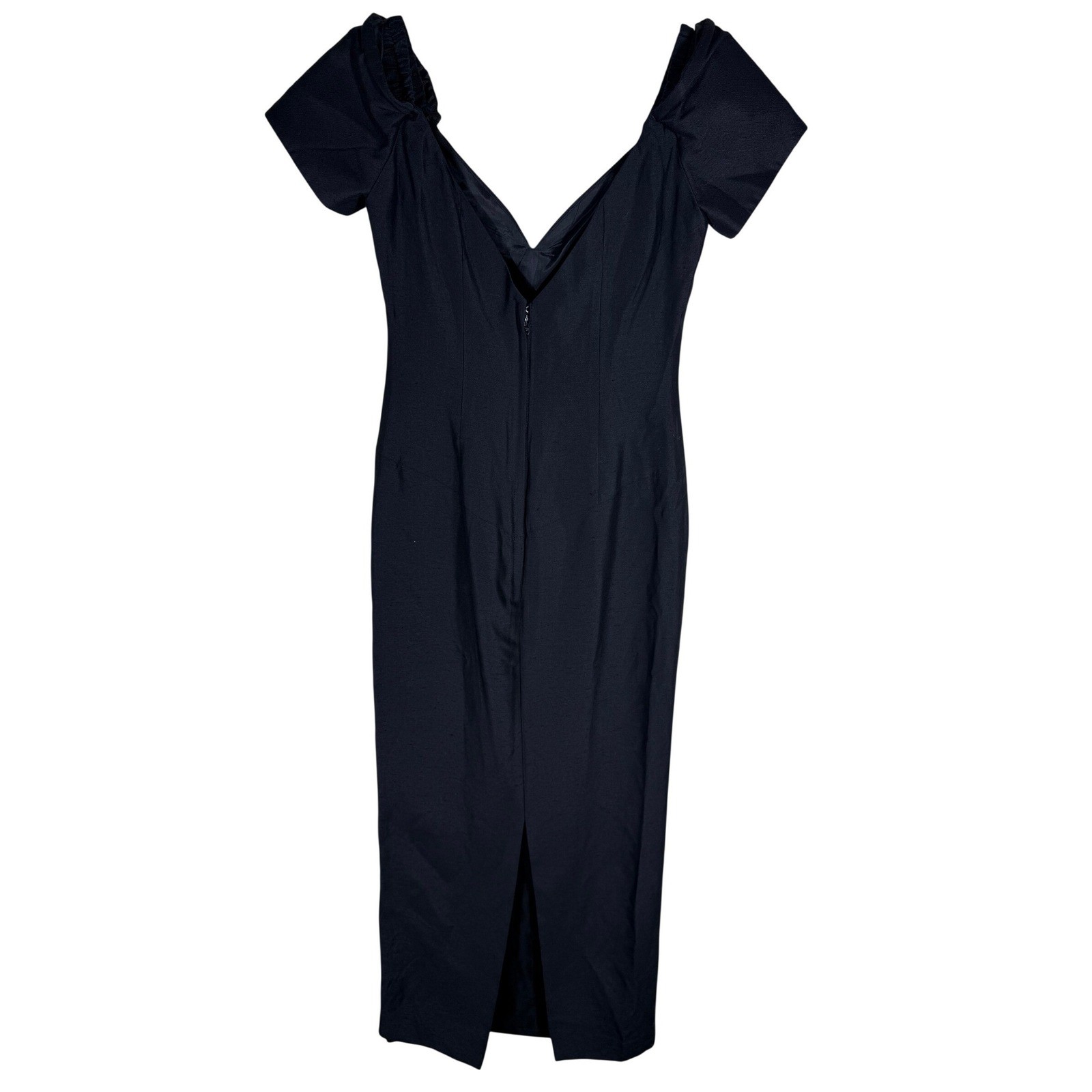 Vintage House of Bianchi Black Off Shoulder V-Neck Midi Cocktail Dress Slit Back