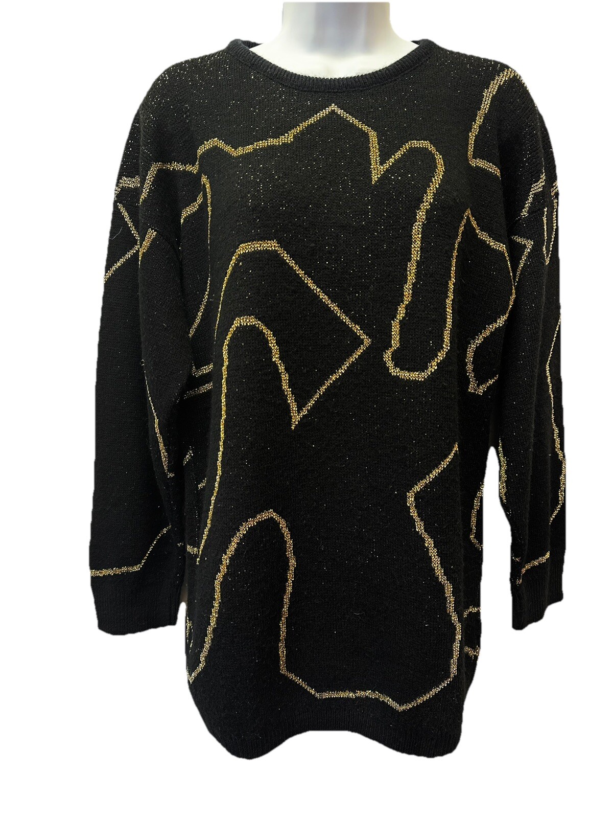 VTG 80s Kate Collins Black and Metallic Gold Knit Pullover Sweater M 46″ Bust