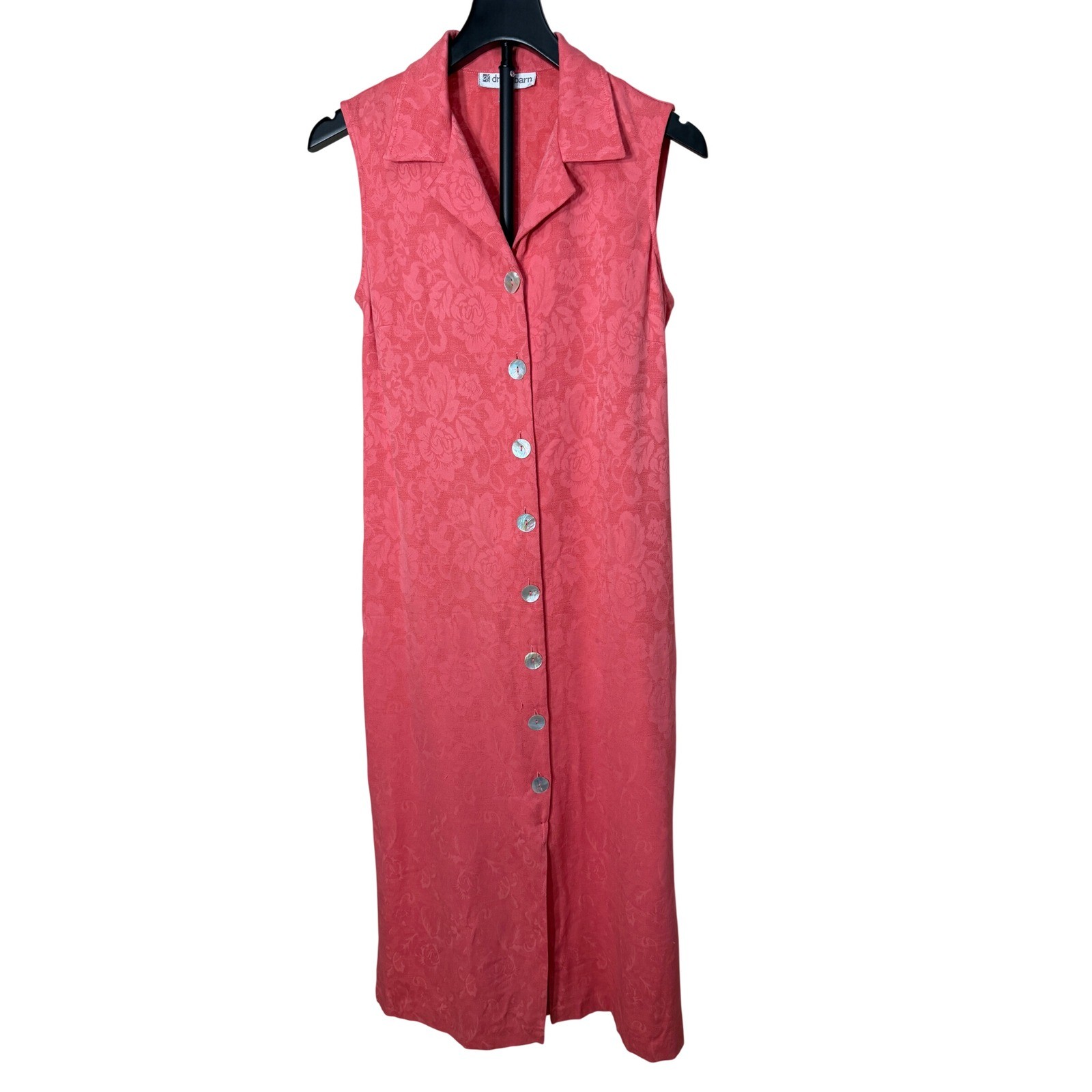 Dressbarn Vintage Coral Pink Floral Damask Button Front Maxi Dress Womens 10