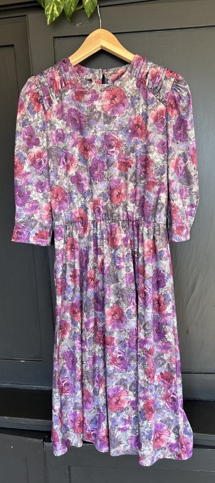 Vintage Tabby of California Floral Midi Dress Purple Pink Fitted Waist USA XS S