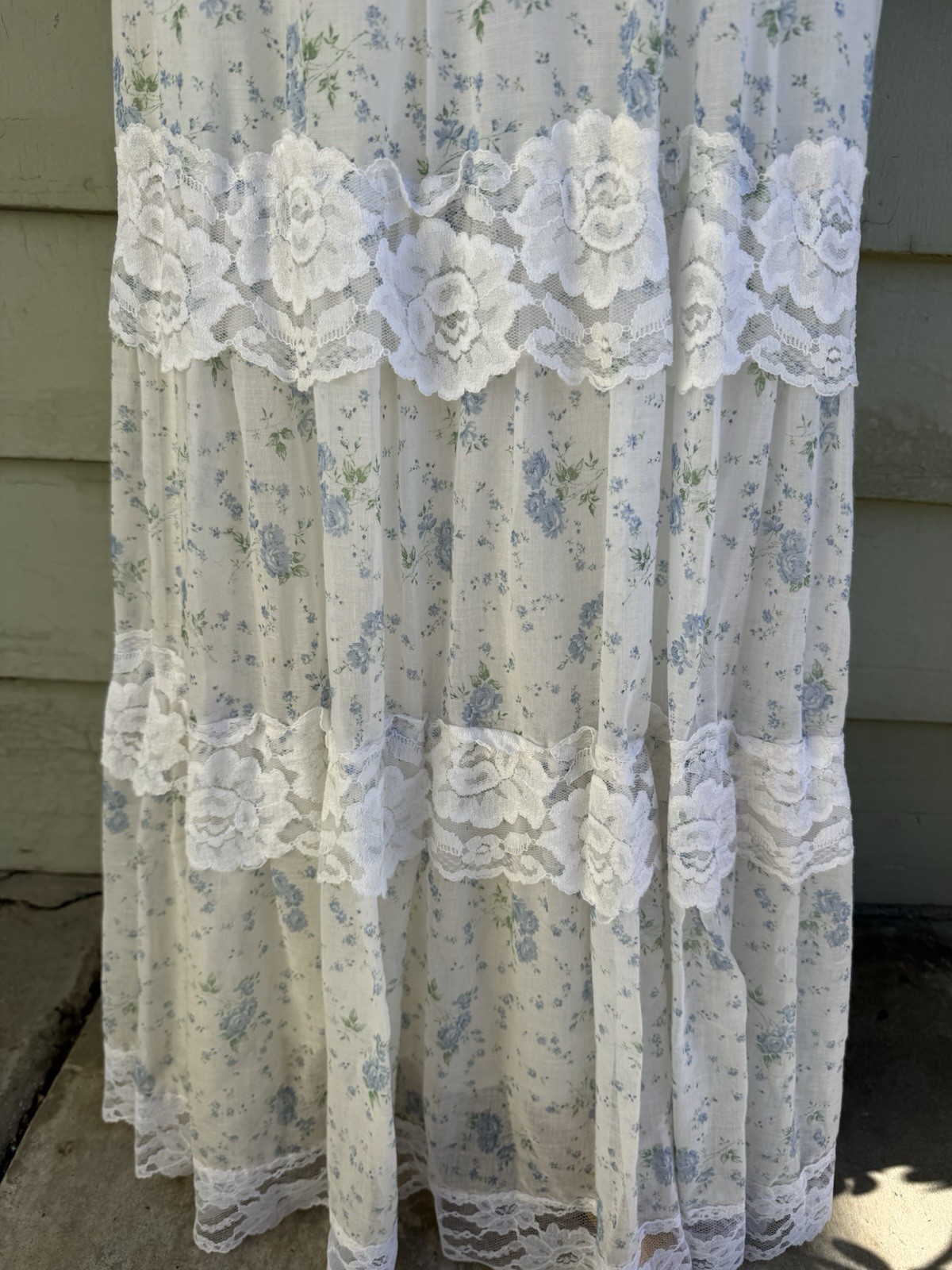 Gunne Sax Maxi Dress Blue White Flowers Lace Long Sleeve Cottagecore Boho 9/10 M