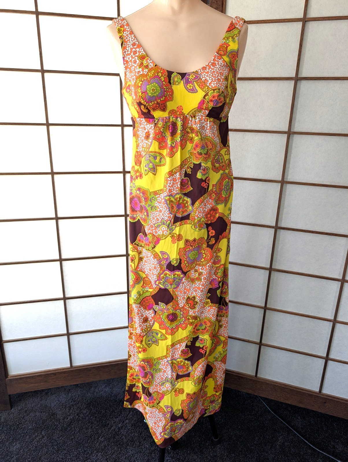 Vtg 70s Catalina Maxi Dress Psychedelic Mod Print Resort Wear XS Built-In Bra