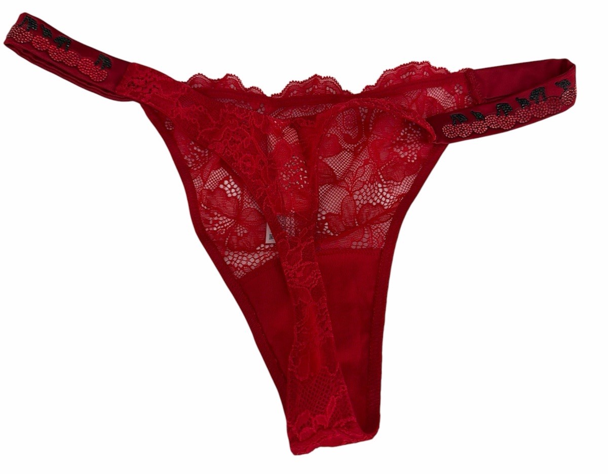 Victoria’s Secret Very Sexy V-String Thong Panty Red Lace Bling Cherries Size L